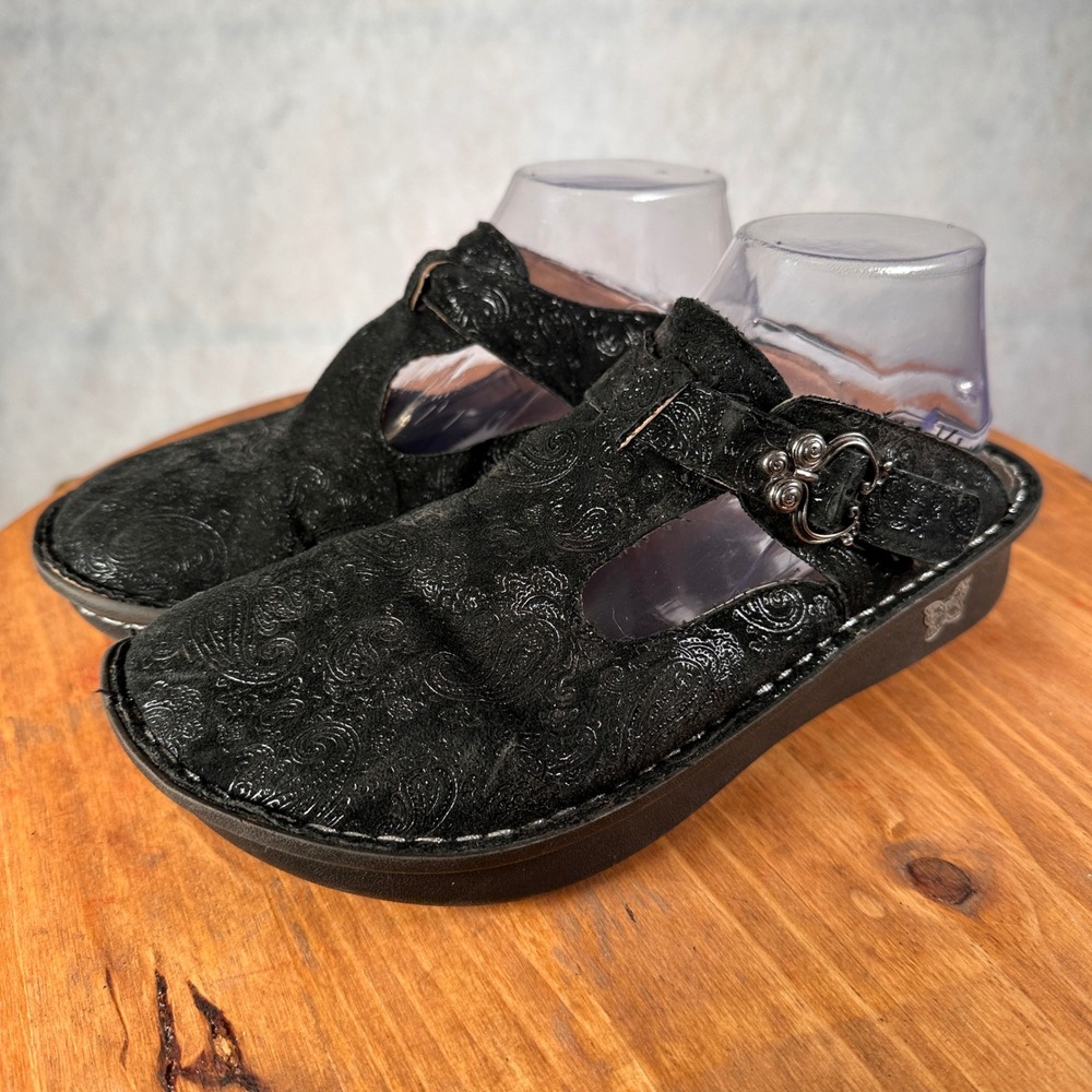 Alegria ALG-561 Clogs Women 39 Black Good Paisley Embossed T-Strap Mules